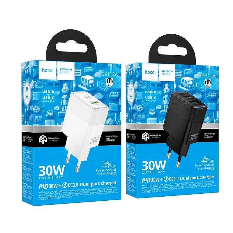 HOCO 30W GaN USB-C Fast Charger – PD Wall Charger with LED Indicator (EU Plug)
