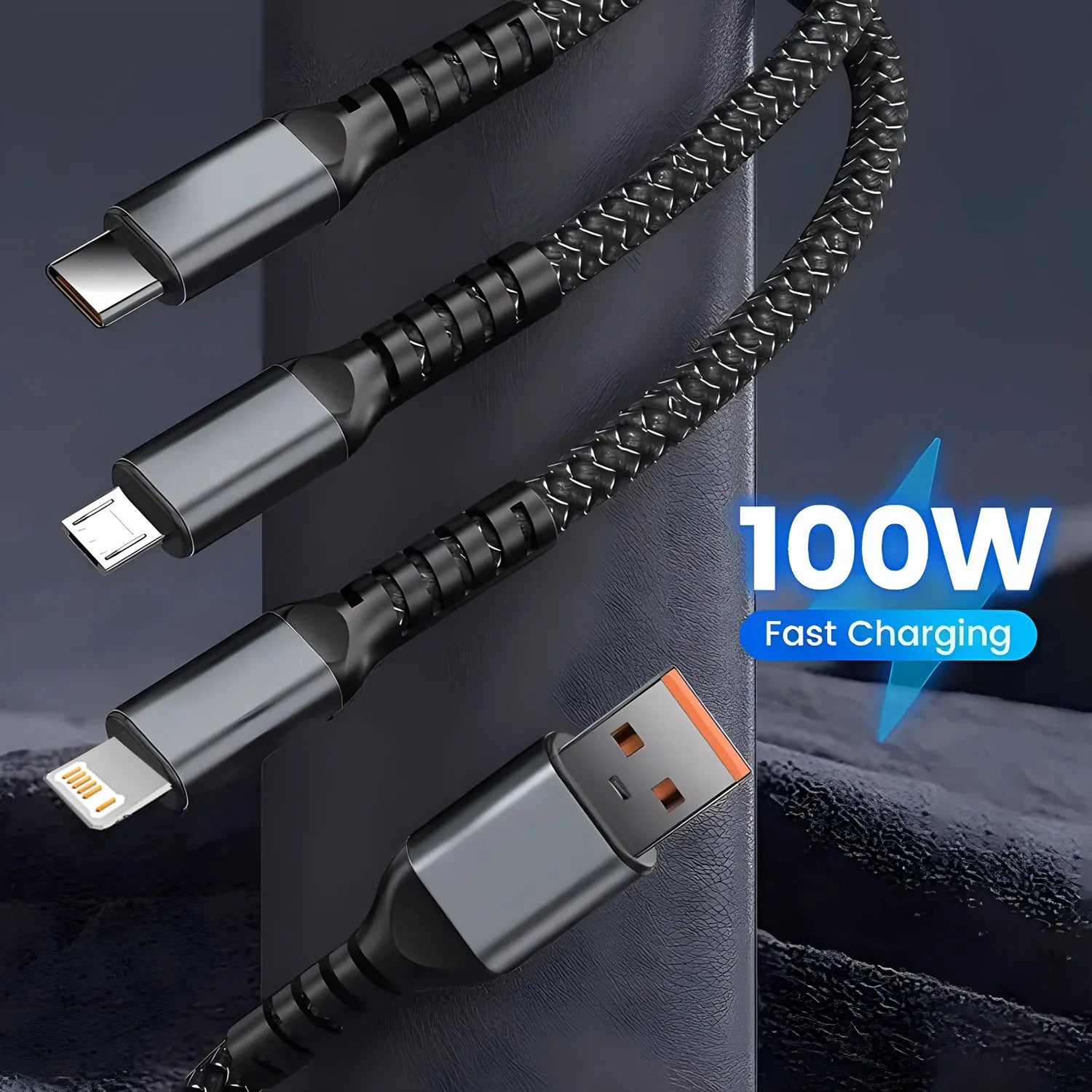 100W 3-in-1 Fast Charging Cable – USB, Type-C & Micro USB
