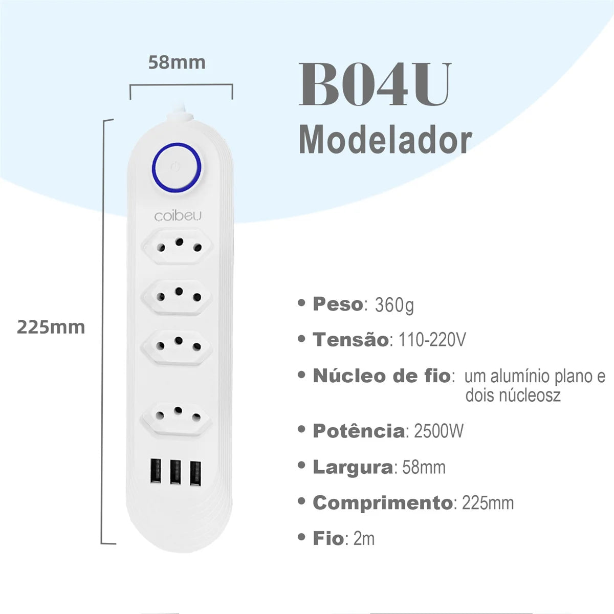 USB outlet, 2 m, power strip outlet, plug, electrical outlet extension, retractable multi-outlet tower, Brazilian standard