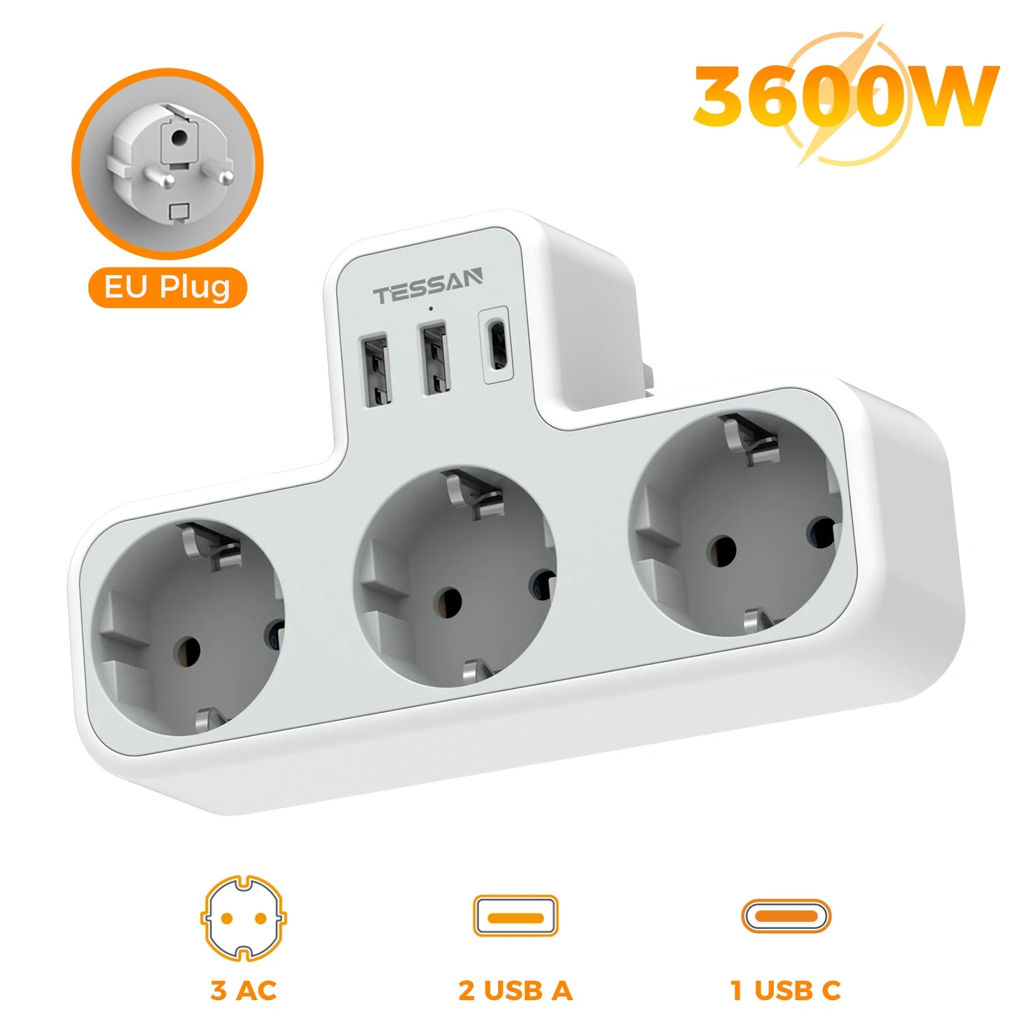 TESSAN Multiple Wall Socket with 3 AC Outlets Charging Ports EU Plug Wall Power Strip with Overload Protection 3fach Stecker Eu