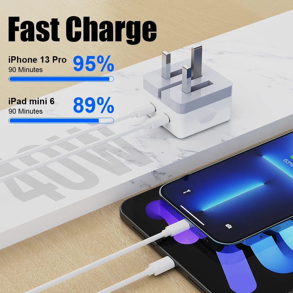40W Dual USB-C Charger – Foldable Wall Adapter for iPhone & iPad