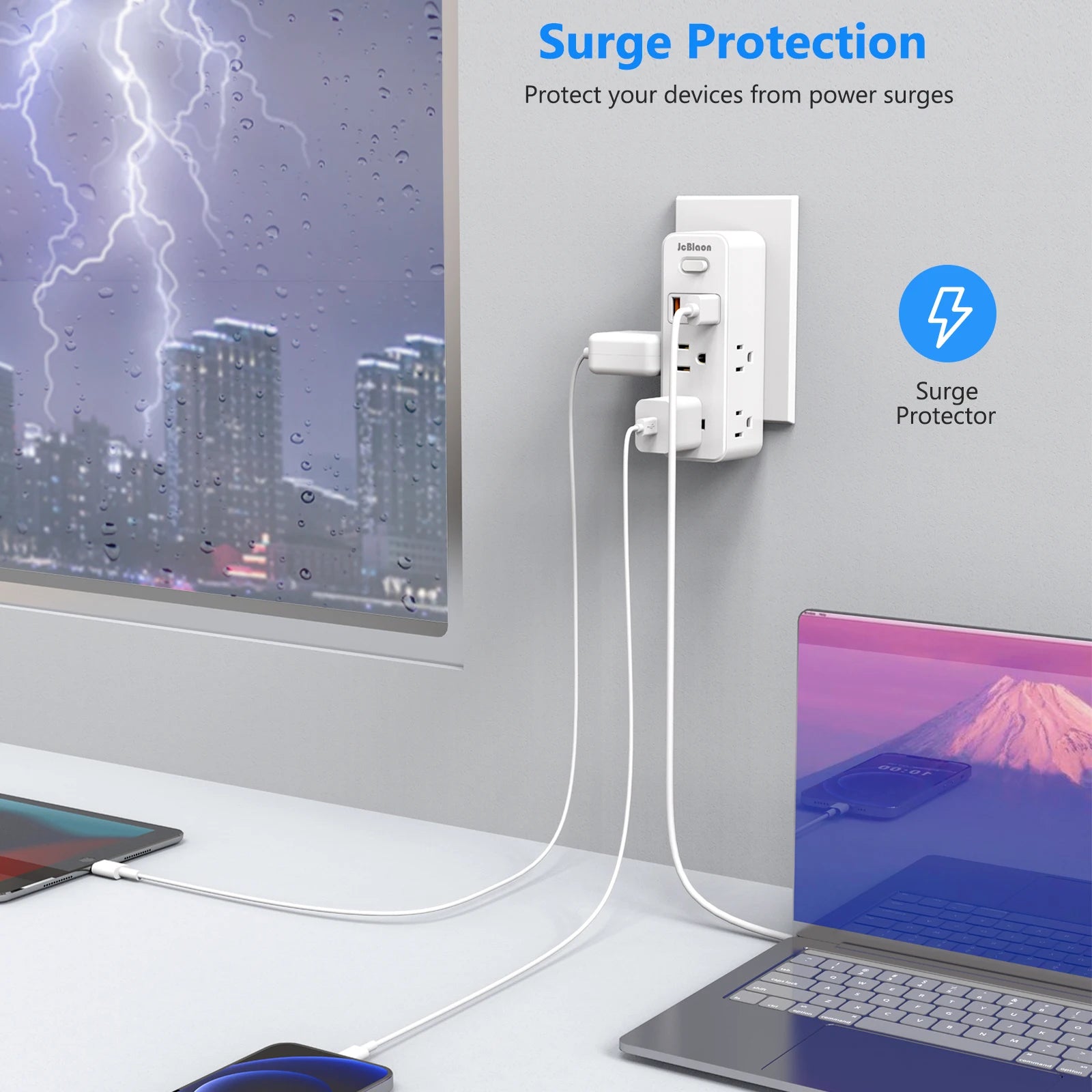 JcBlaon 360° Rotating US Power Strip – 6 AC Outlets, 3 USB Ports & 1 USB-C