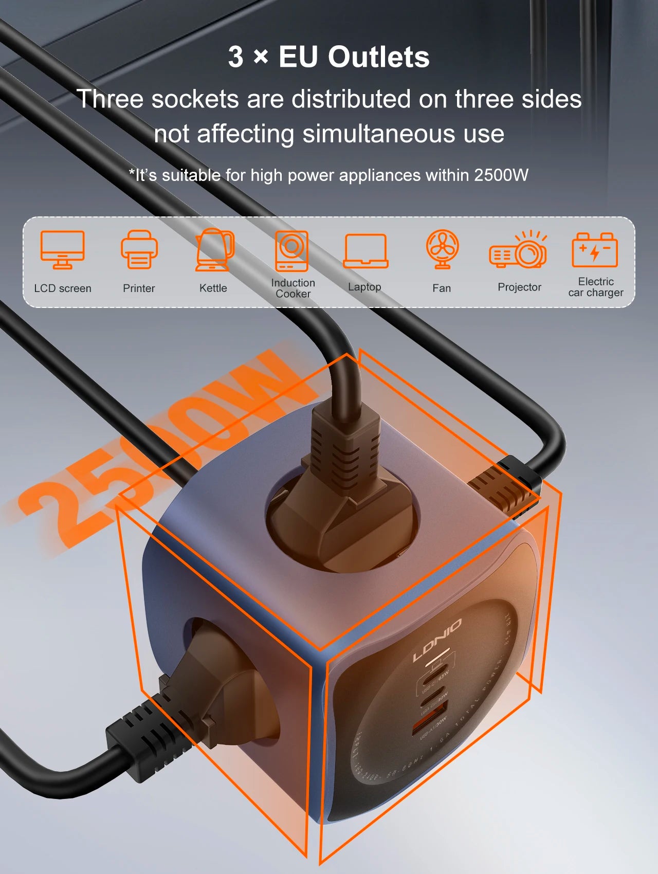 LDNIO 65W Power Cube Charging Station – 3 AC Outlets, USB-C Fast Charging & 2M Extension Cord