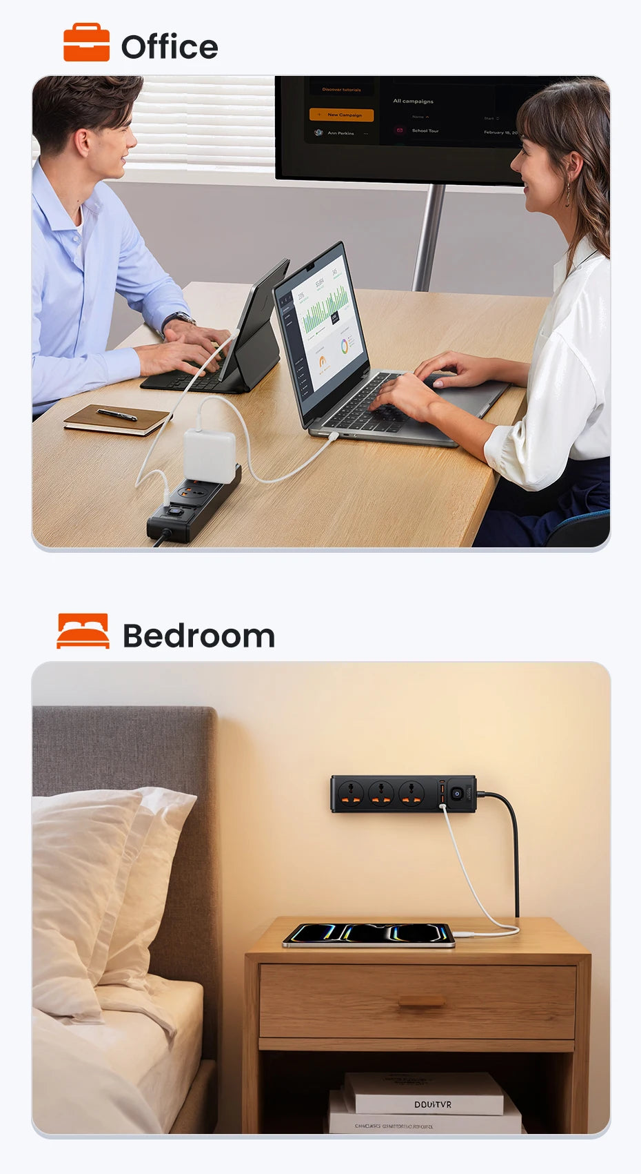 Toocki PD20W GaN Versatile Power Strip 2500W Max Universal 3AC Outlet EU UK US Plug Adapter Electrical Socket 2M Extension Cable