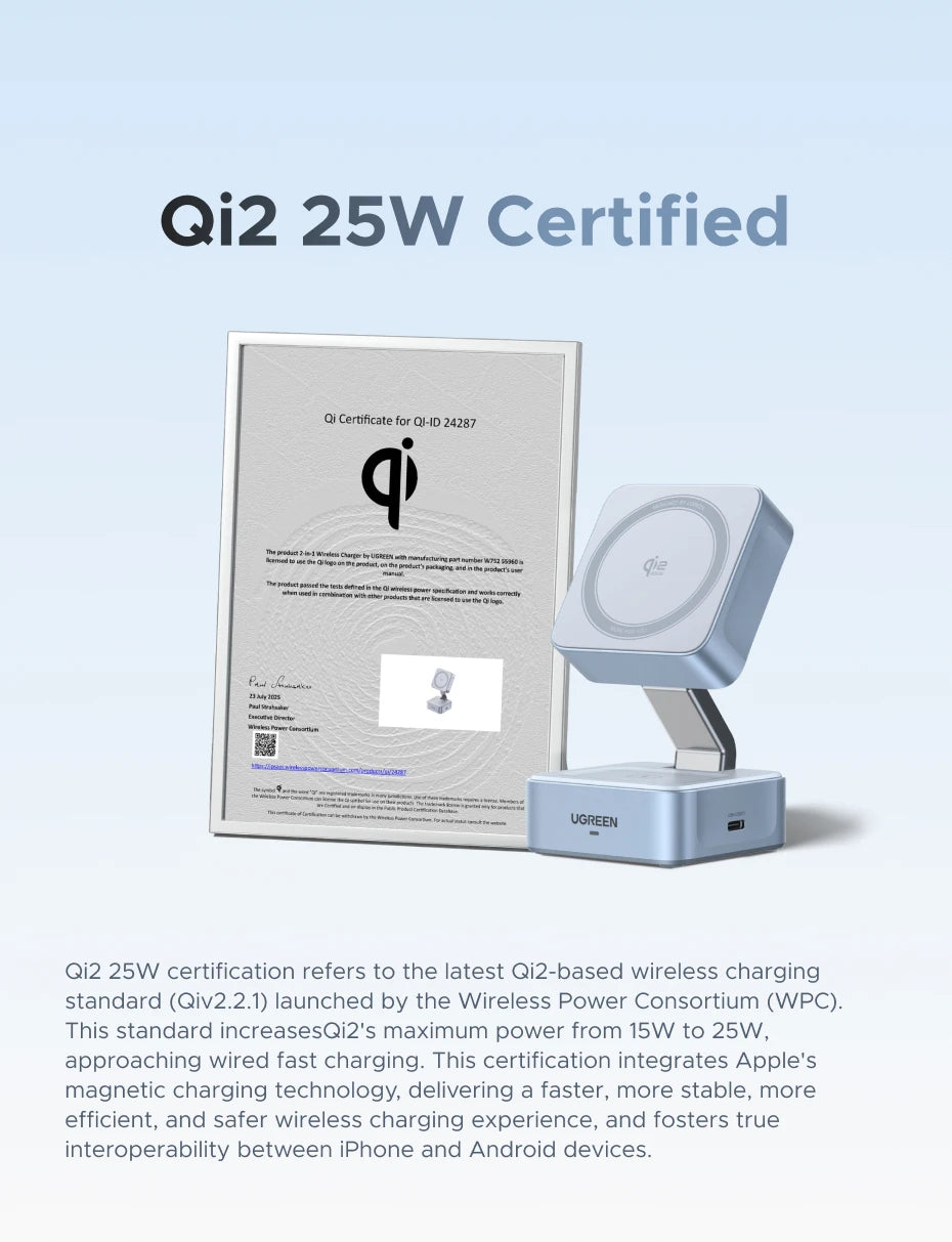 UGREEN Qi2 25W 15W Magnetic 2-in-1 Wireless Charger Stand Fast Charging Stand Magsafe Charger For iPhone 16 17 Series