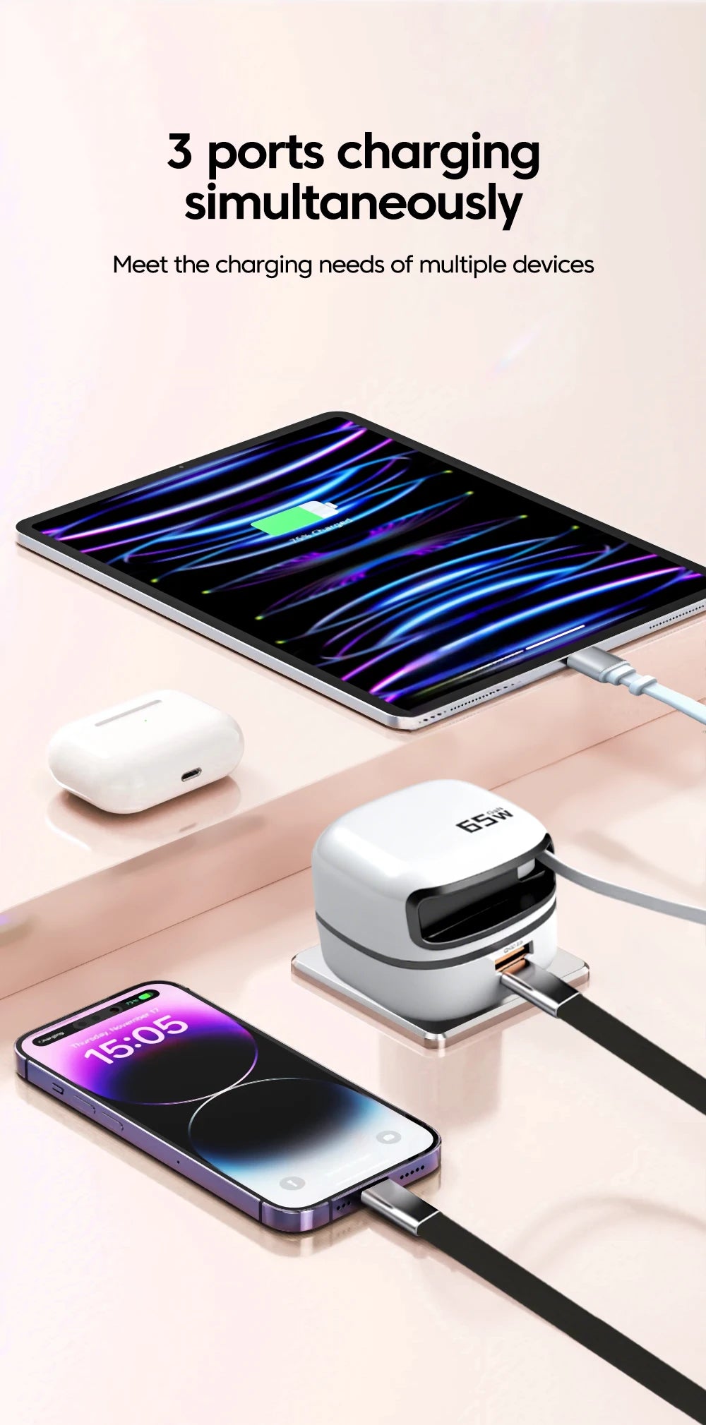 65W USB Type-C Travel Charger – Fast Charging for iPhone, Samsung & Laptops
