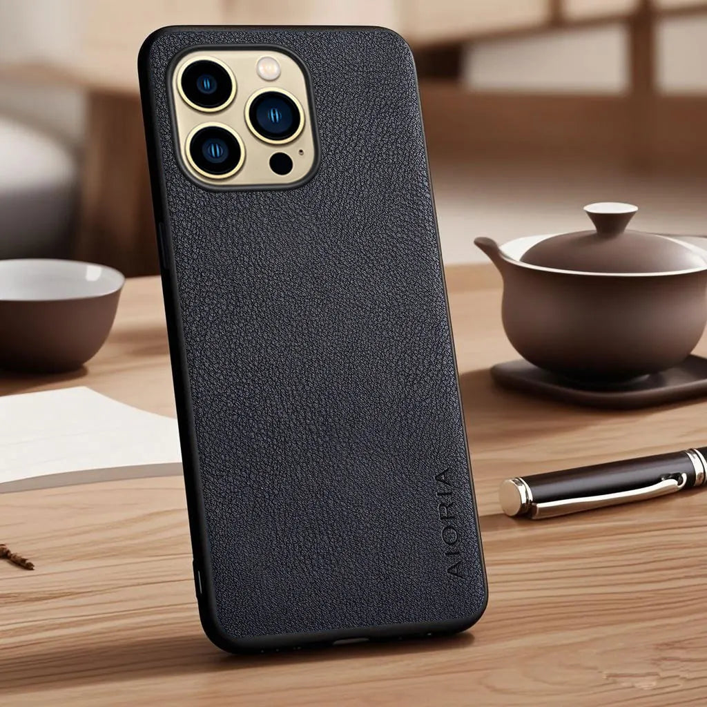 Vegan Faux Lychee Pebbled Leather Case for iPhone 15–17 Series – Soft Protective Cover