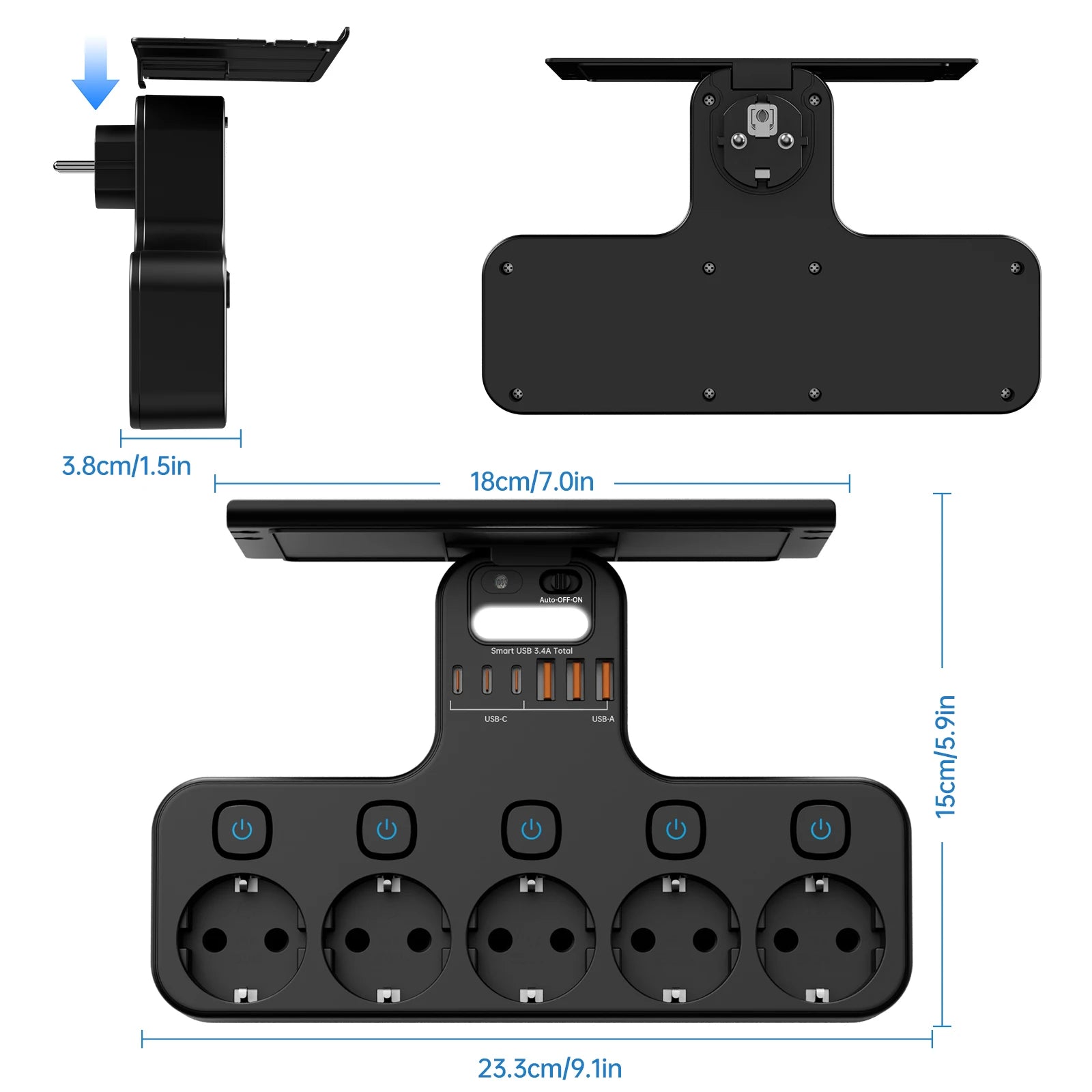 4000W Smart Wall Power Strip – USB-C Fast Charging Hub with Motion Sensor Night Light & Independent Switches