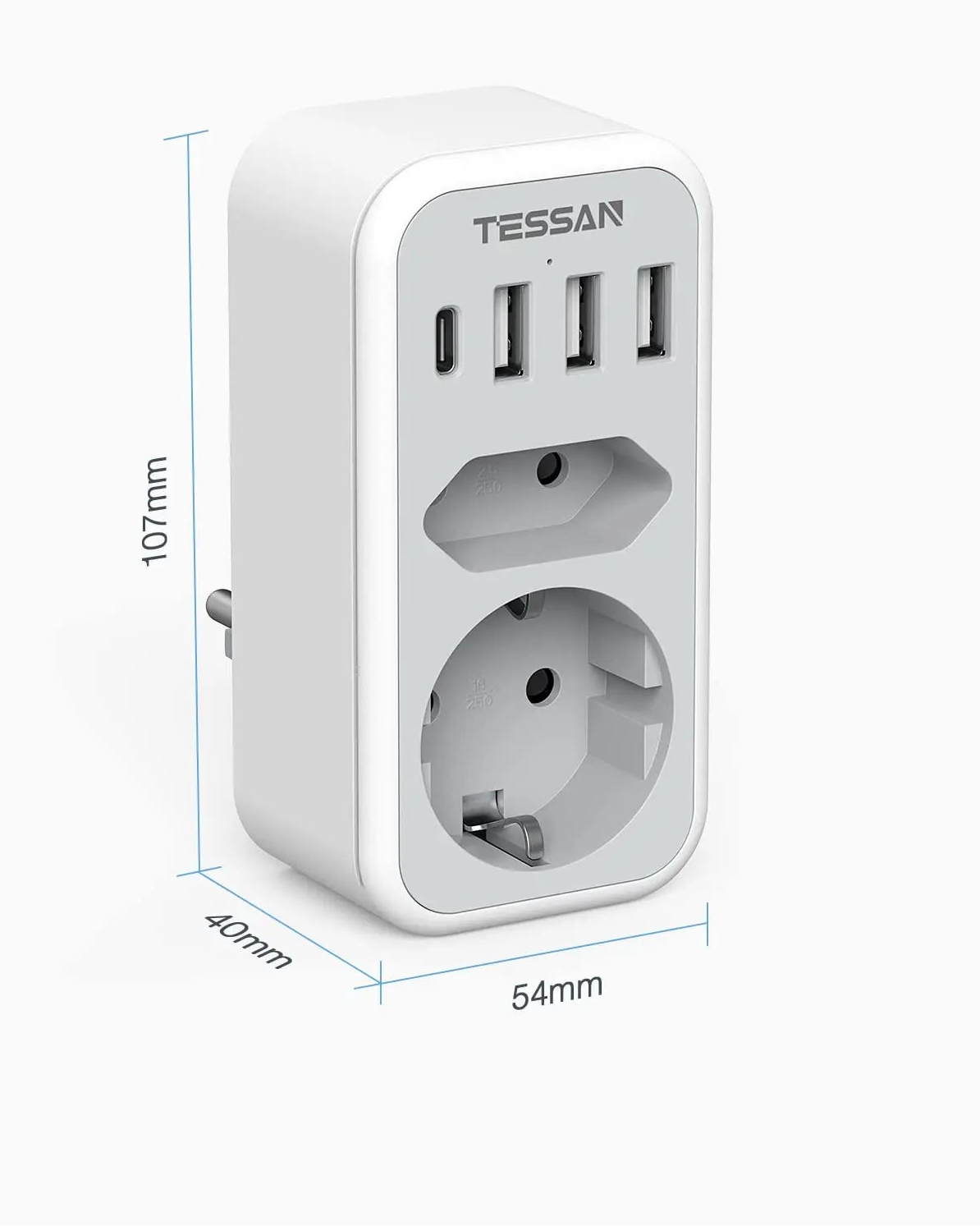 6-in-1 multiplug with USB ports and Schuko plug on a white background