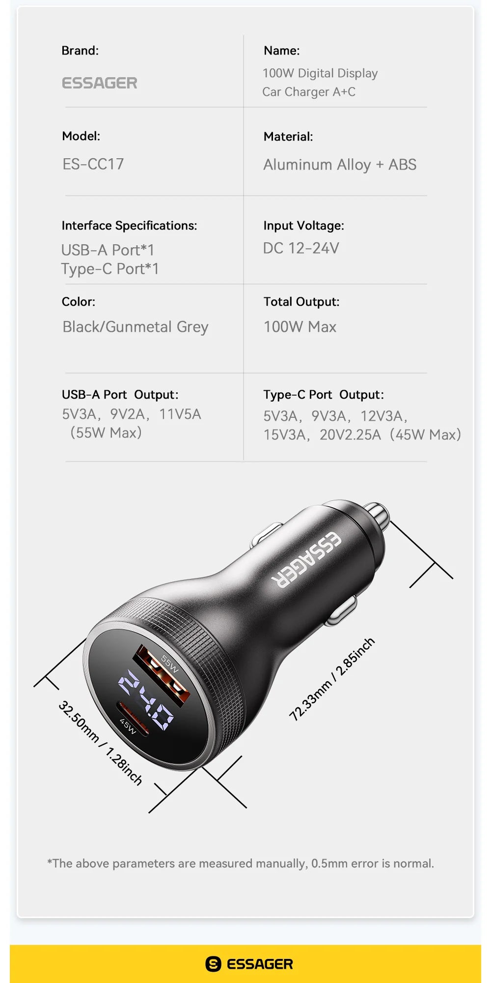 Essager 100W Car Charger USB C Quick Charge PD 45W for iPhone 15 pro 14  Xiaomi Poco Samsung Galaxy S24 Fast Charger Charging