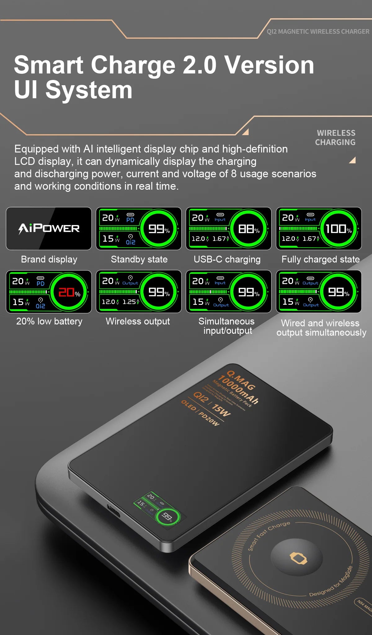 15W Wireless Magnetic Power Bank – LCD Display, iPhone, AirPods & Watch Charging