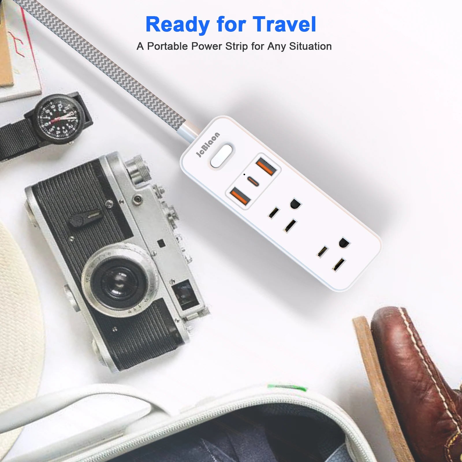 JcBlaon US Plug Multitap Power Strip – 1.5m Braided Cable with USB Charging