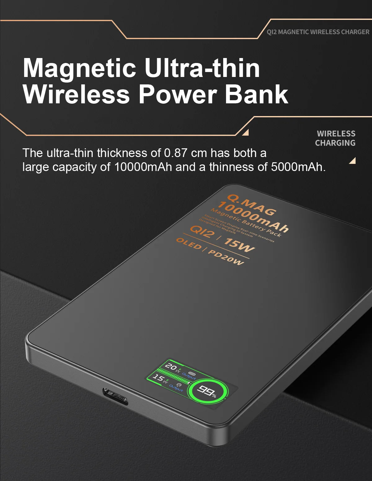 15W Wireless Magnetic Power Bank – LCD Display, iPhone, AirPods & Watch Charging