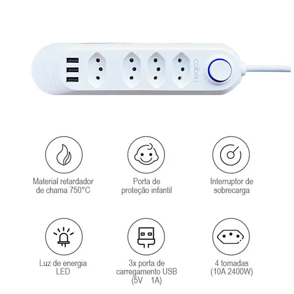 USB outlet, 2 m, power strip outlet, plug, electrical outlet extension, retractable multi-outlet tower, Brazilian standard