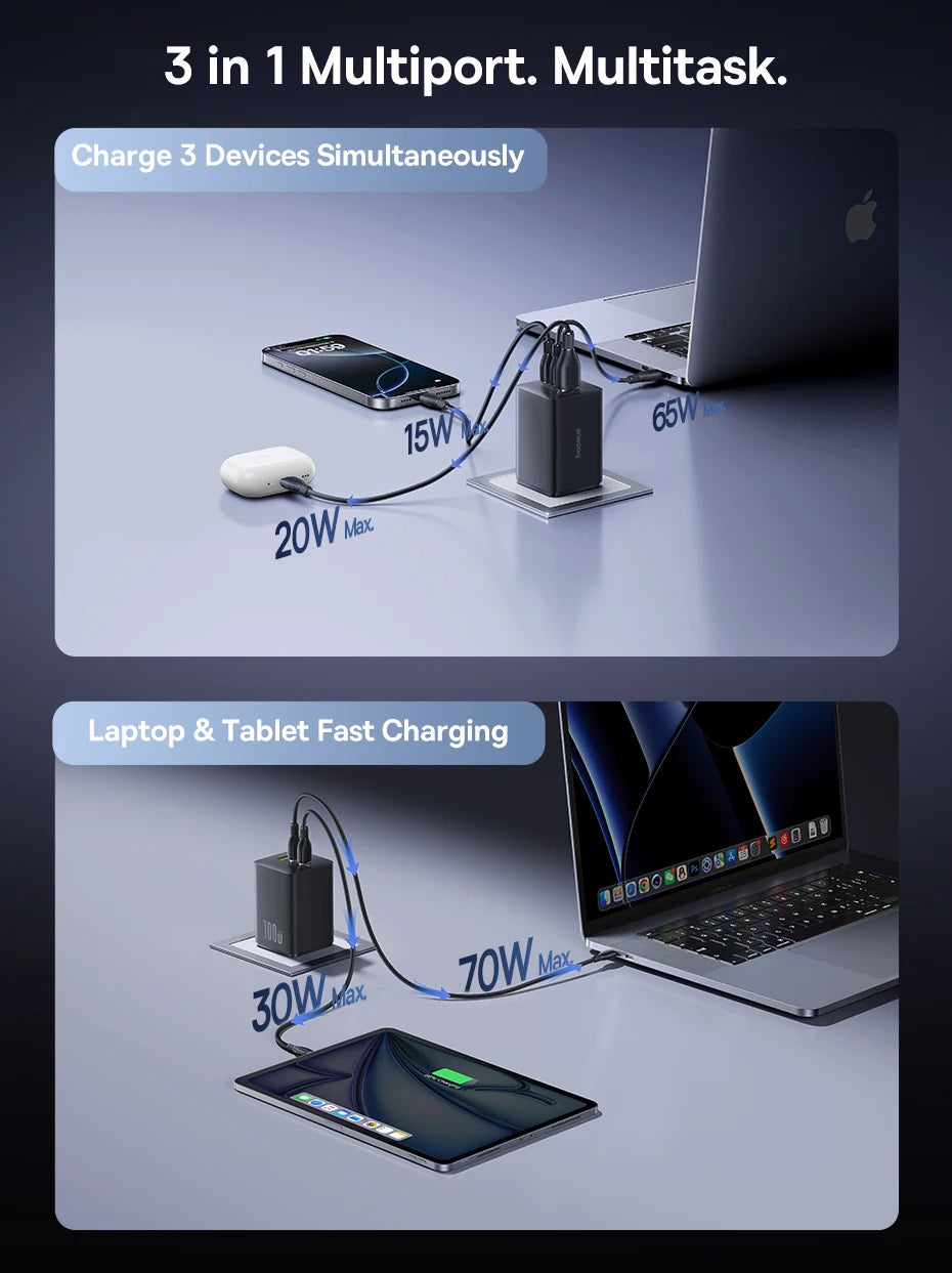 Baseus 100W GaN PD Charger – Fast USB Charging for Phones & Laptops