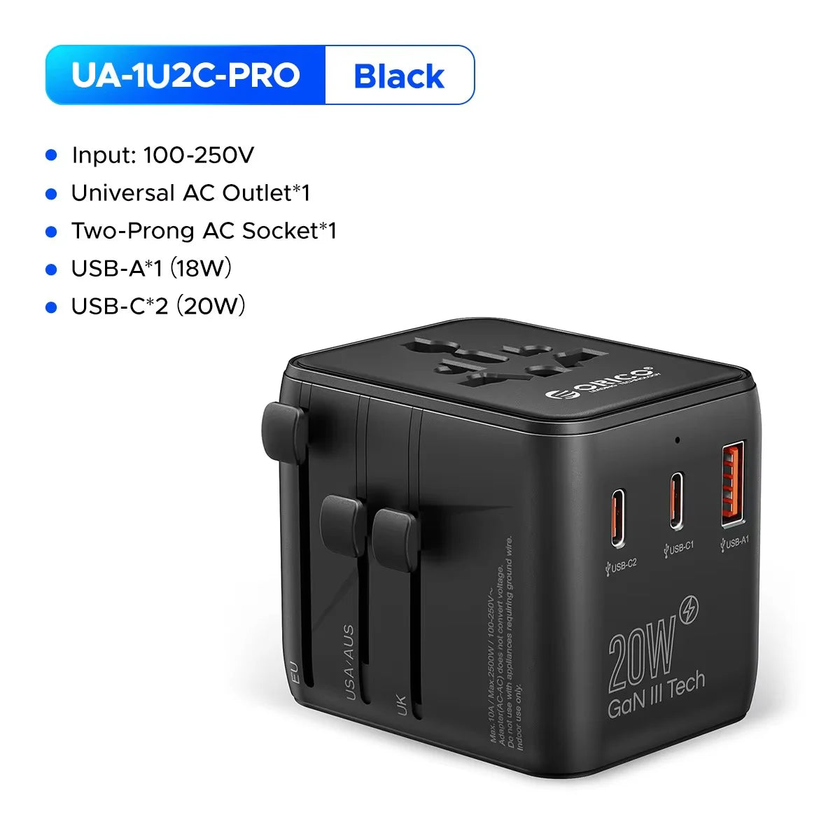 ORICO Universal Travel Adapter Worldwide All-in-One 20W GaN with AC Outlet USB A Type C Dual 10A Fuses Fast Charging EU US UK AU