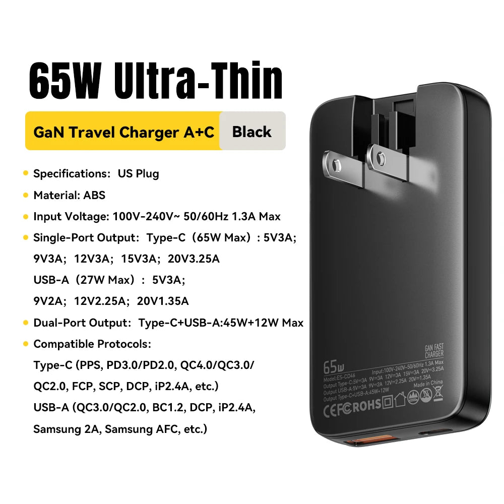 Essager 65W GaN Charger USB Type C Quick Charge 3.0 Fast Charger for iPhone 16 15 Xiaomi Samsung ipad Macbook Tablet PD Charger