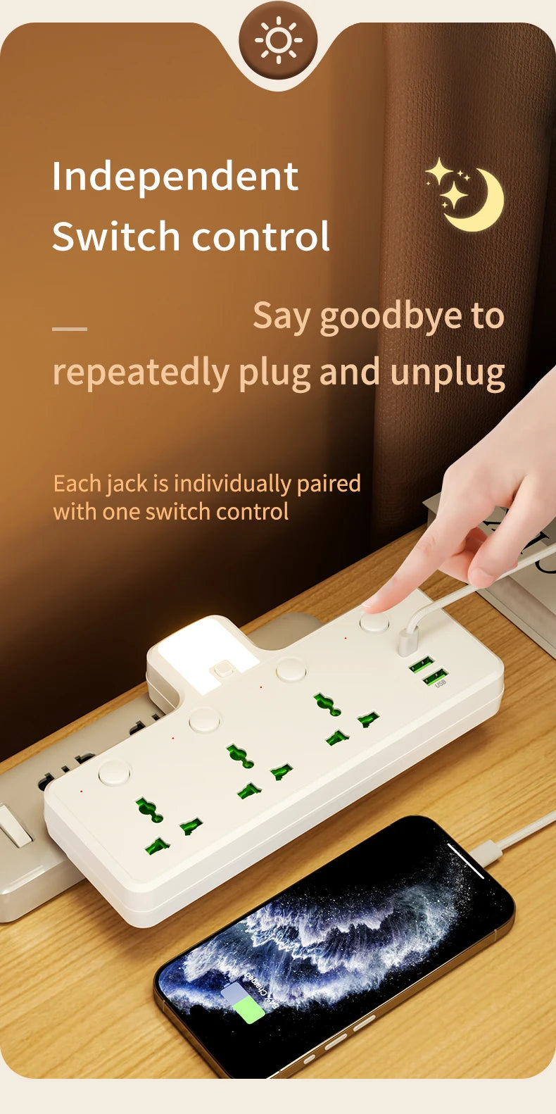 7-in-1 EU US UK AU Power Strip, Independent switch socket Power Strip 3 AC Outlets 2 USB 1 Type-C, Equipped USB charging adapter