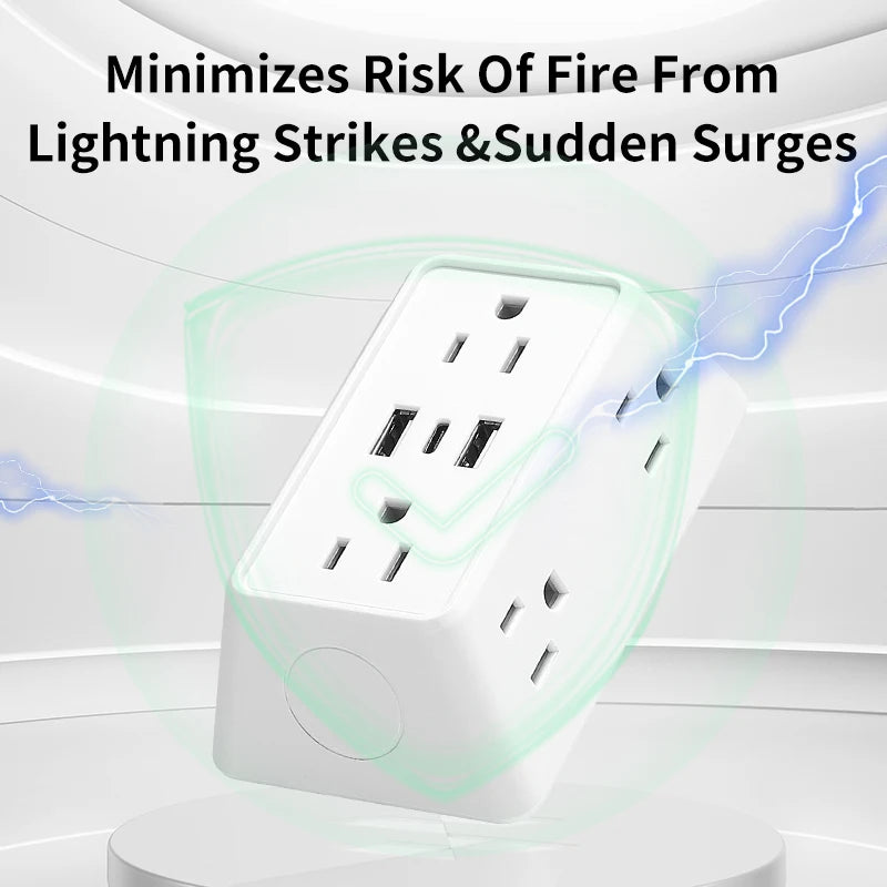 9-in-1 Wall Plug Power Adapter – 6 AC Outlets with 2 USB & 1 USB-C Charging