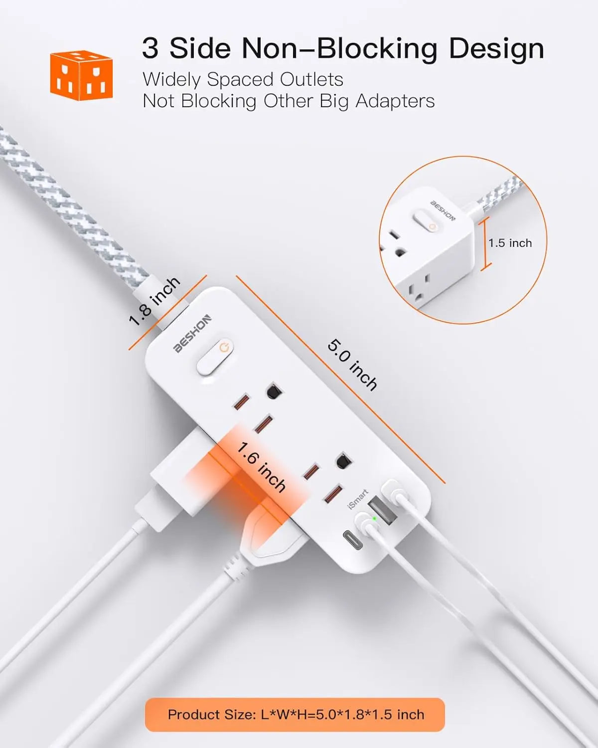 BESHON 6-Outlet Power Strip – 5ft Cord with 4 USB Ports & Surge Protection