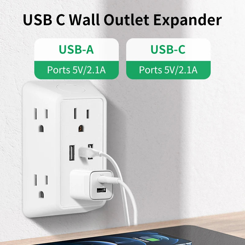 9-in-1 Wall Plug Power Adapter – 6 AC Outlets with 2 USB & 1 USB-C Charging