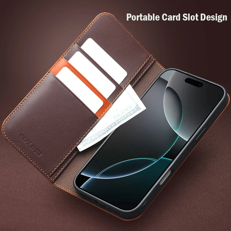 QIALINO Genuine Leather Wallet Case for iPhone 17 Pro Max – Handmade Flip Cover with Card Slots