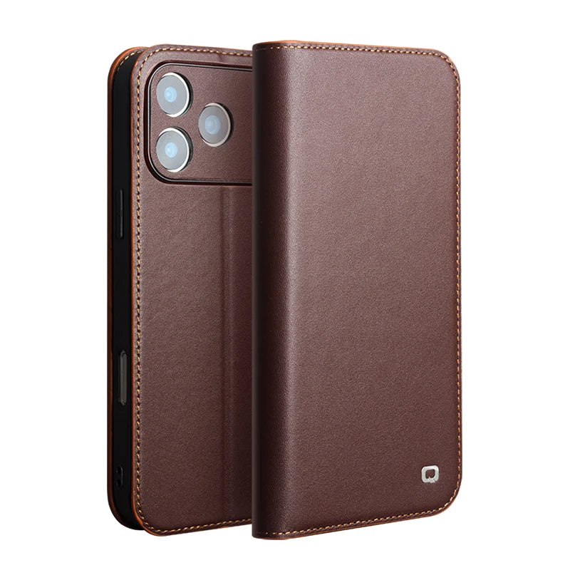 QIALINO Genuine Leather Wallet Case for iPhone 17 Pro Max – Handmade Flip Cover with Card Slots