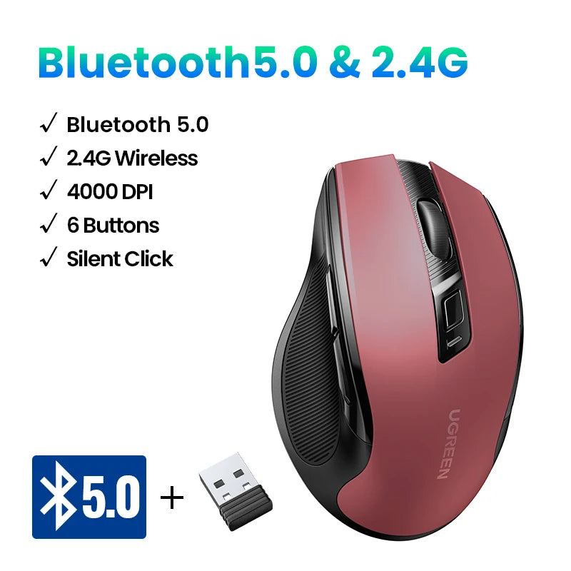 UGREEN Wireless Mouse – Ergonomic, 4000DPI, Bluetooth & 2.4G