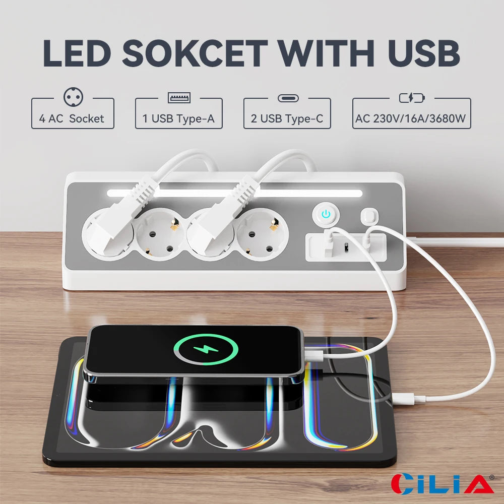 CILIA EU Power Strip 4 Schuko 2 USB C 1 USB A, 3680W 16A Surge Protection with Switch LED, 1 5m Cable for Home