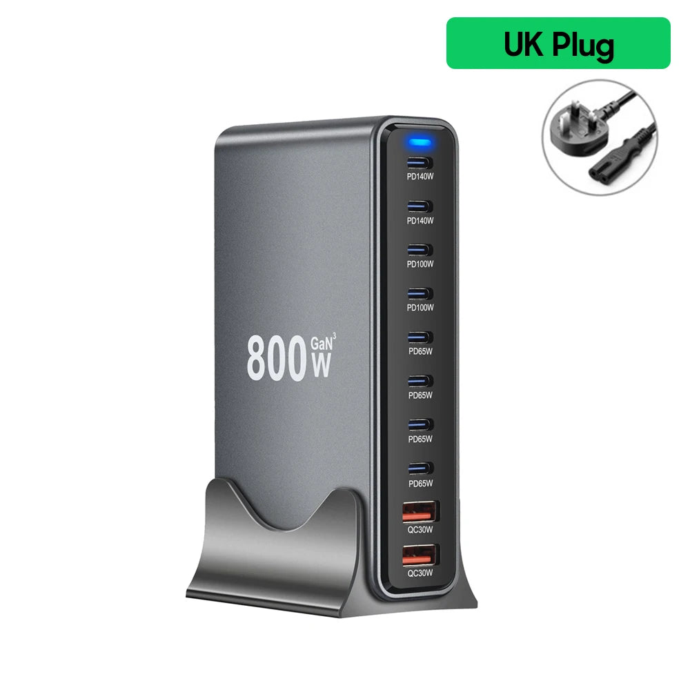 800W GaN 10-Port USB-C Fast Desktop Charger – PD3.1 for iPhone, Samsung & Laptop