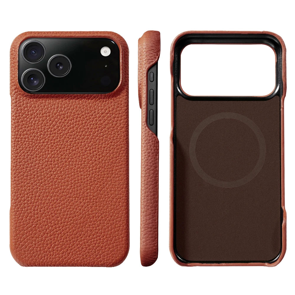 Lychee Genuine Leather Magnetic Case — iPhone 15–17 Series