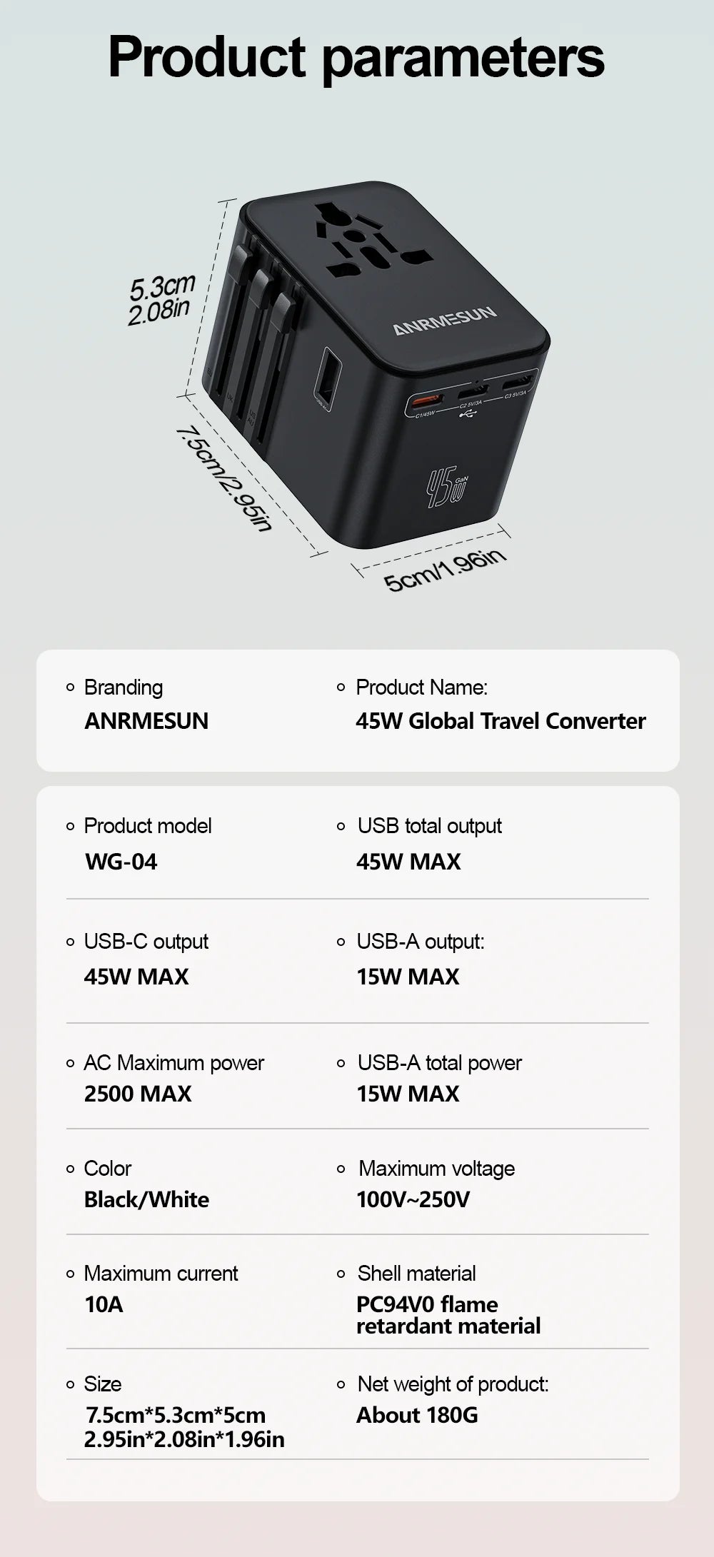 Global Universal Conversion Travel Plug 2 Type-C Sockets EU US AC Power Travel Adapter PD 65w 45w 25w Travel Plug Fast Charging