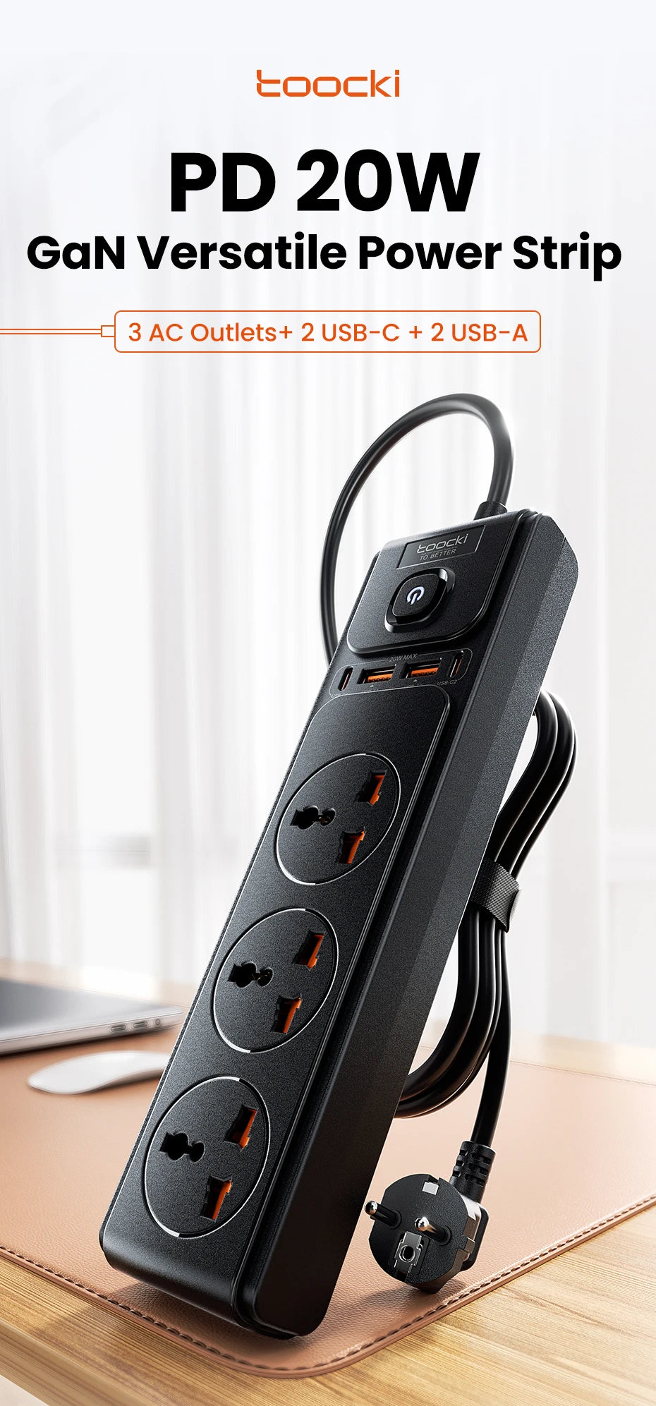 Toocki PD20W GaN Versatile Power Strip 2500W Max Universal 3AC Outlet EU UK US Plug Adapter Electrical Socket 2M Extension Cable