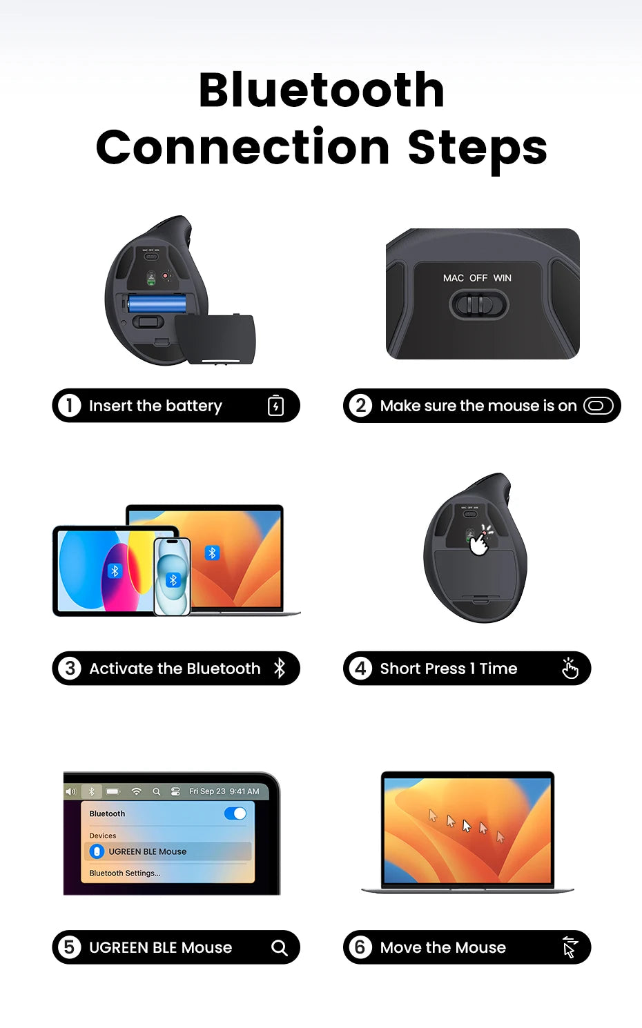 UGREEN Bluetooth & 2.4G Vertical Mouse for PC & MacBook
