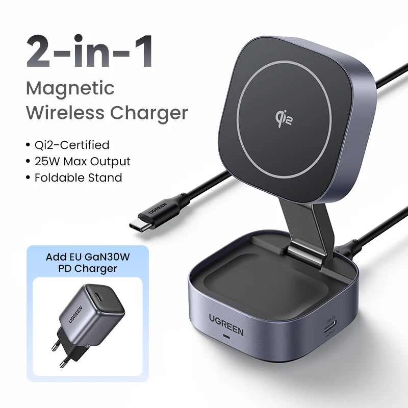 UGREEN Qi2/Qi Magnetic Wireless Charger Stand 15W 2-in-1 Charging Stand For iPhone 16 17 Pro Max/AirPods MagSafe Fast Charger