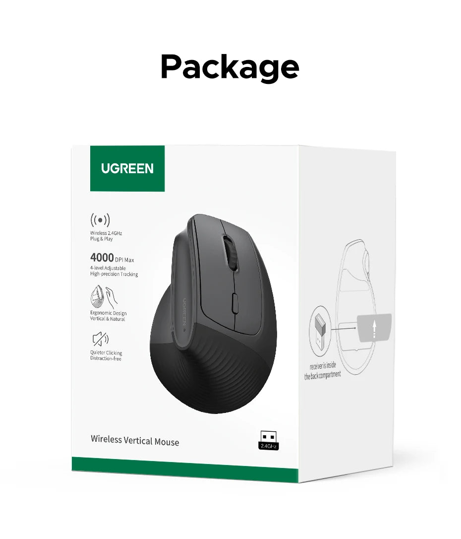 UGREEN Vertical Wireless Mouse – Ergonomic 2.4G, 4000DPI, 6 Silent Buttons