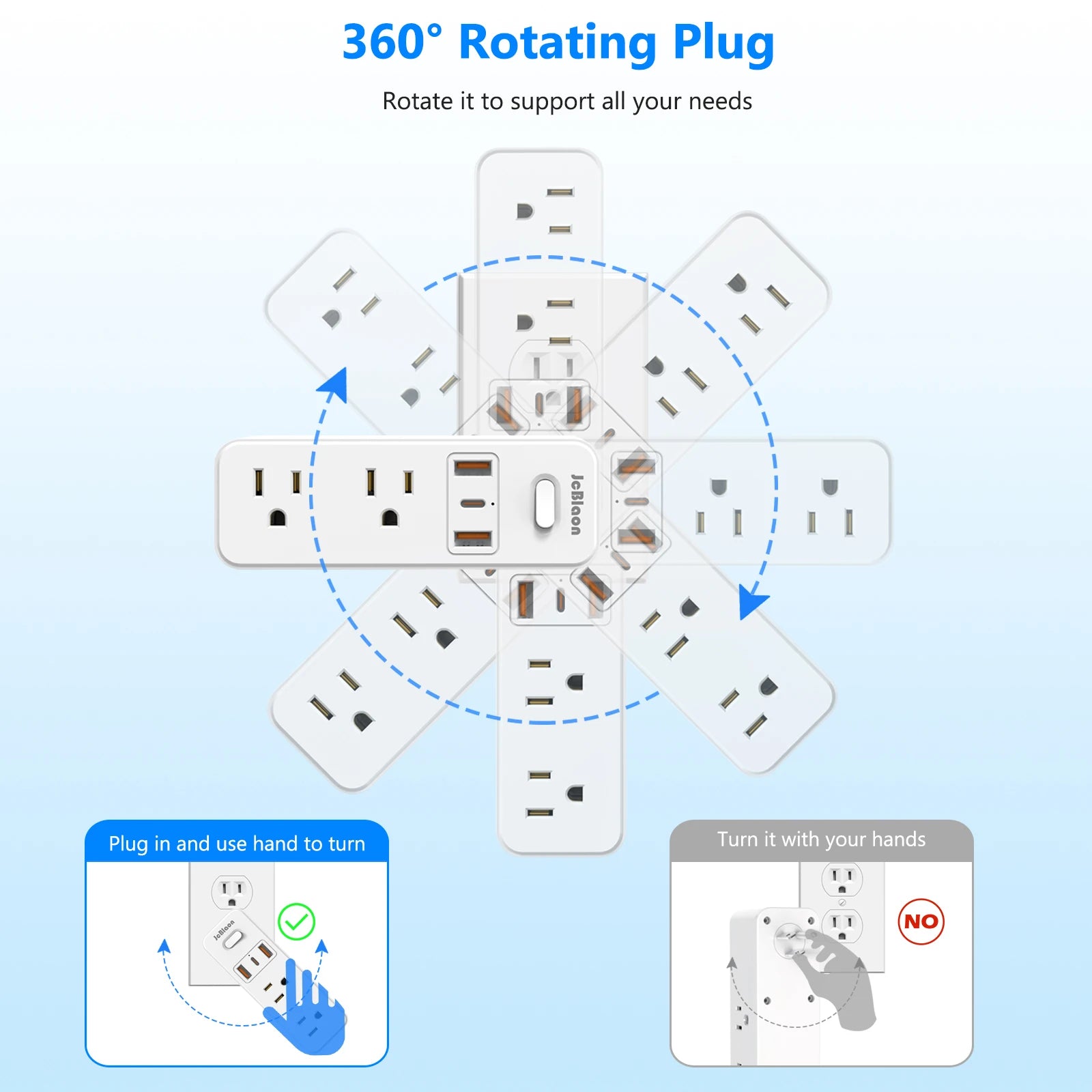 JcBlaon 360° Rotating US Power Strip – 6 AC Outlets, 3 USB Ports & 1 USB-C