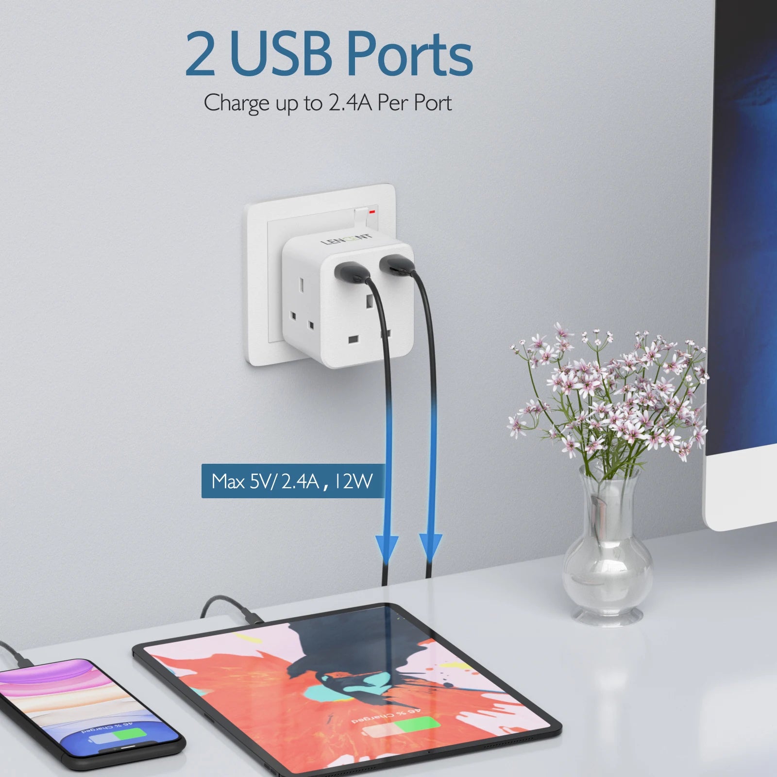 LENCENT UK Plug Power Strip with 3 AC Outlets 2 USB Charging Ports 5V 2.4A Portable Multi Socket Power Adapter for Home Office