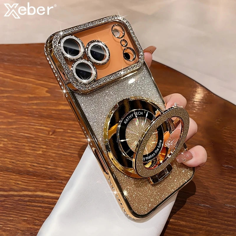 Plating MagSafe Rhinestones Magnetic Stand Case for iPhone 15–17 Series – Diamond Bumper Cover