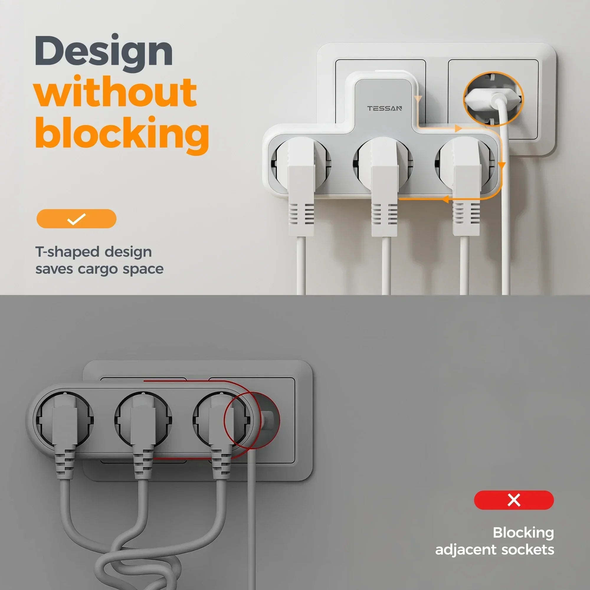 TESSAN Multiple Wall Socket with 3 AC Outlets Charging Ports EU Plug Wall Power Strip with Overload Protection 3fach Stecker Eu