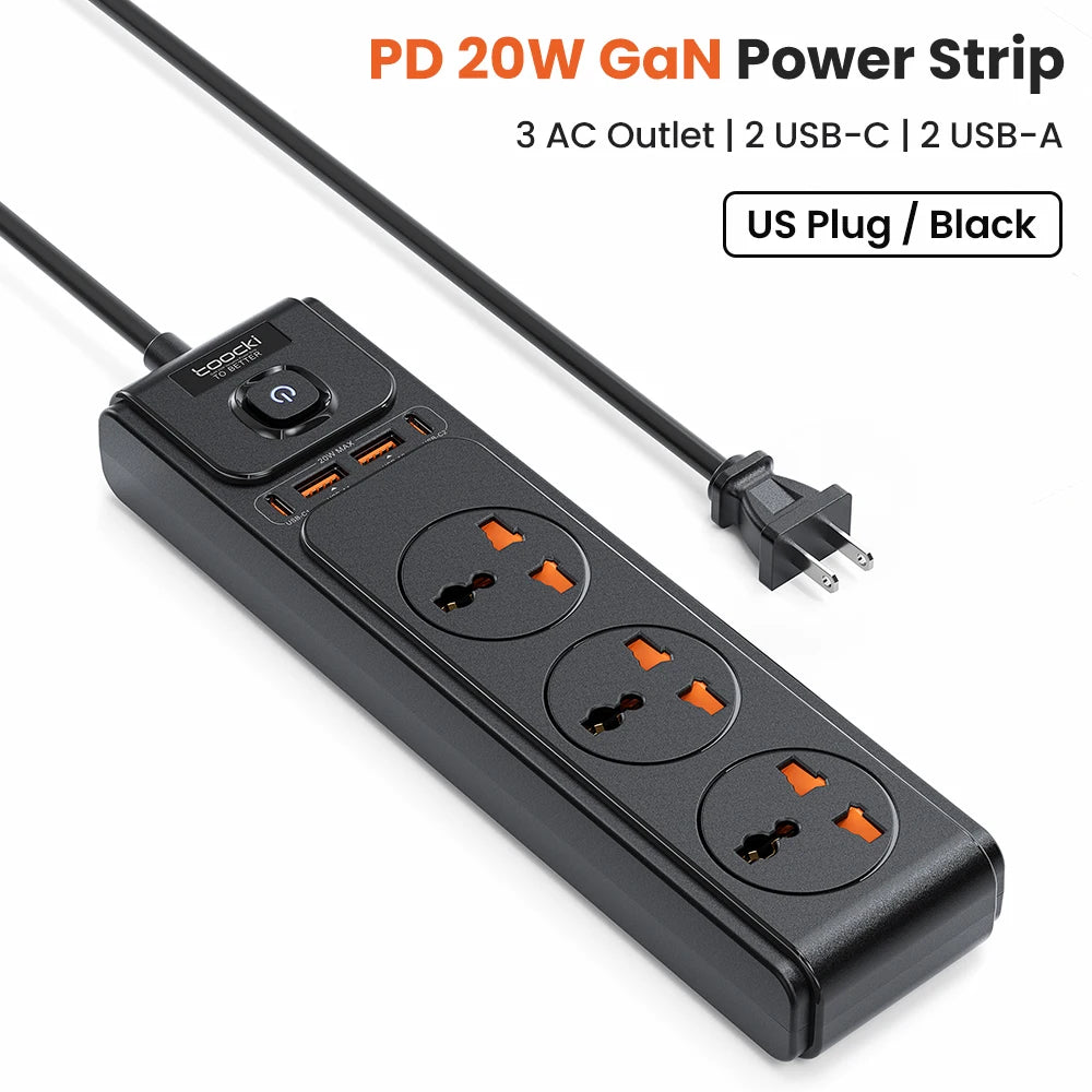 Toocki PD20W GaN Versatile Power Strip 2500W Max Universal 3AC Outlet EU UK US Plug Adapter Electrical Socket 2M Extension Cable