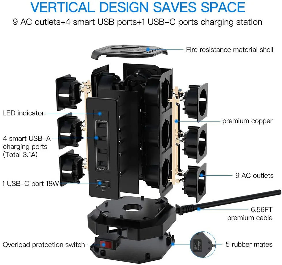 MELERY EU Vertical Space - Saving Tower Power Strip – 9 AC Sockets & 5 USB Ports