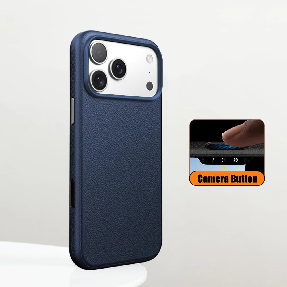 Luxury Business Metal Camera PU Leather Magnetic Case for iPhone 15–17 Series – MagSafe Wireless Protective Cover