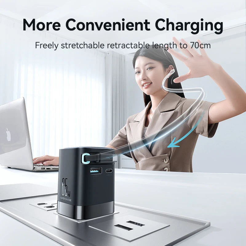 Joyroom 65W GaN PD 3.0 Fast Charger with Retractable USB-C Cable (EU Plug)