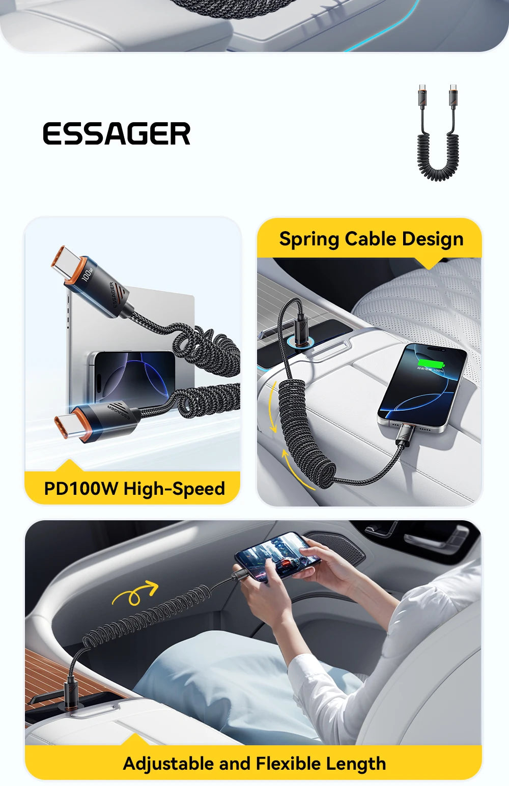 Essager Car Spring Type C Cable  For iPhone 16 15 Xiaomi Samsung 100W PD Fast Charging For Macbook iPad Type C to Type C Cable