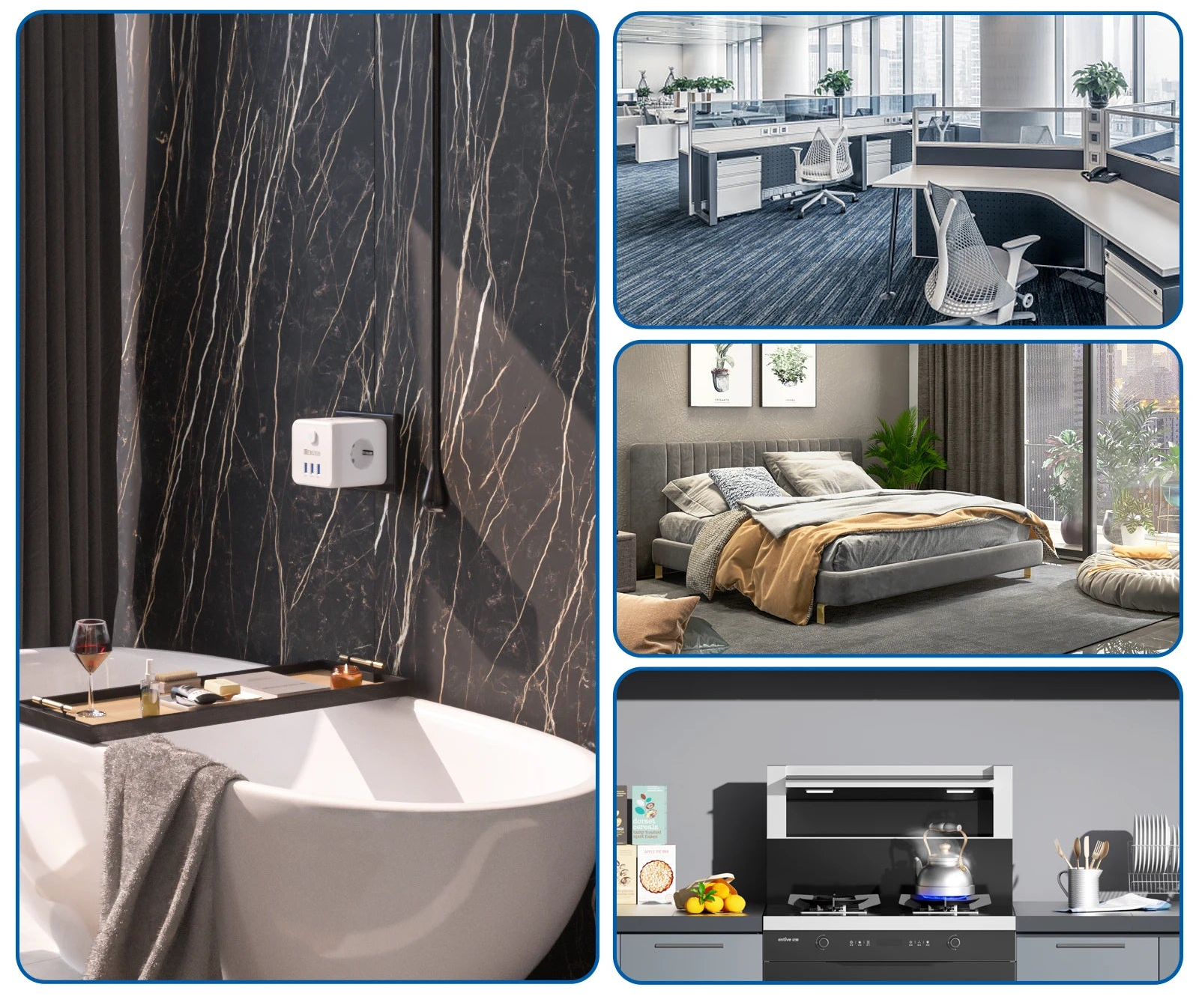 Collage of various settings with a product, including a bathroom, office, bedroom, and kitchen.
