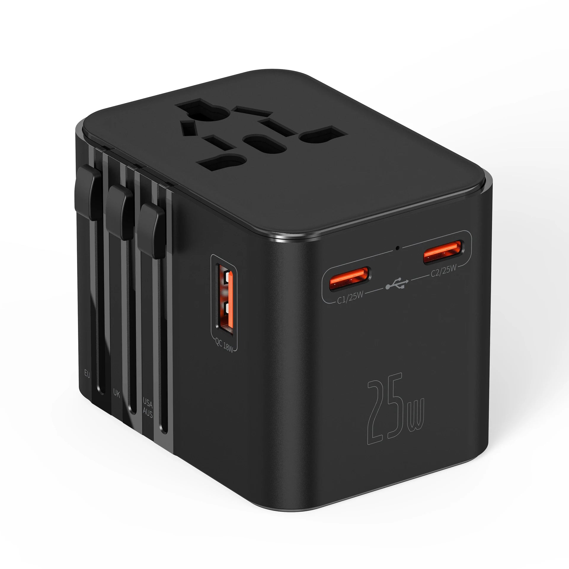 JINGMIN Universal Travel Adapter – 4 AC Outlets + 3 USB/Type-C PD 25W