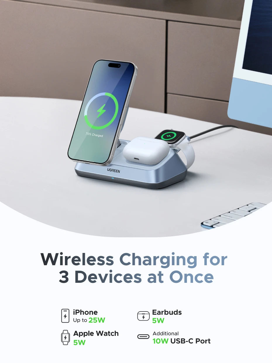 UGREEN 25W Qi2 3-in-1 Wireless Charger for iPhone & AirPods