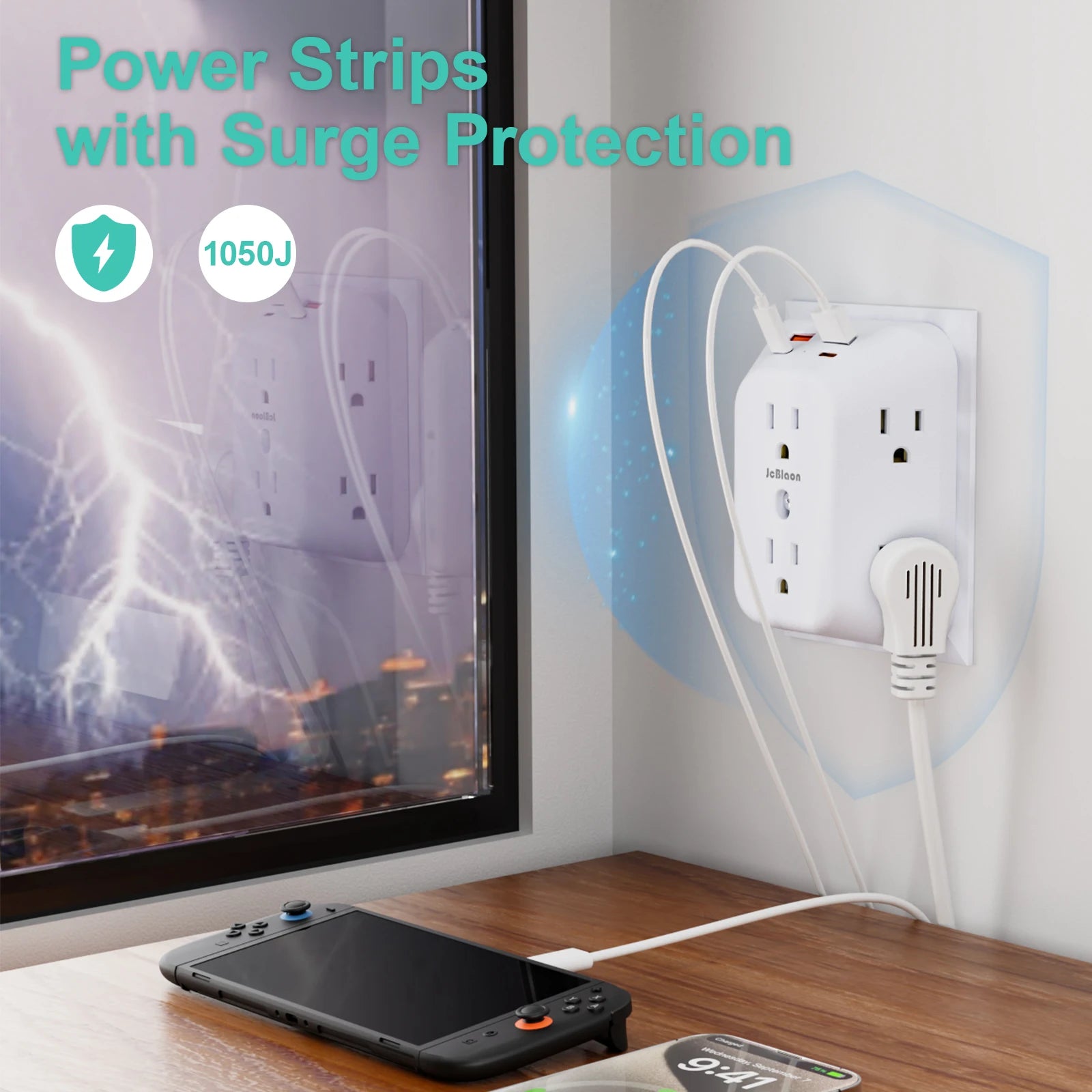 USB Wall Charger Surge Protector – 6 AC Outlets, 4 USB Ports & 2 USB-C