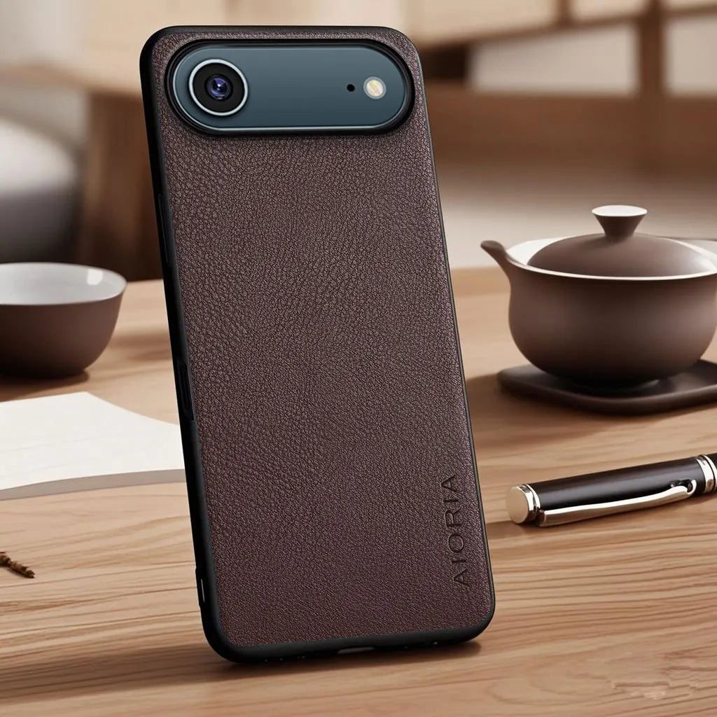 Vegan Faux Lychee Pebbled Leather Case for iPhone 15–17 Series – Soft Protective Cover